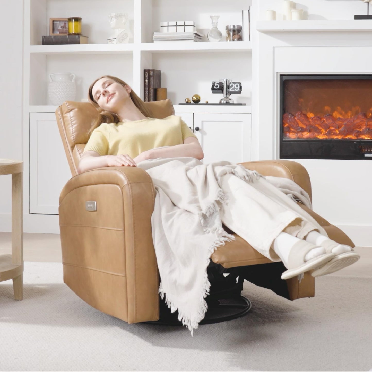 Watson & Whitely Swivel Power Recliner Glider Rocker, Small Recliner Chairs for Living Room, Faux Leather in Camel