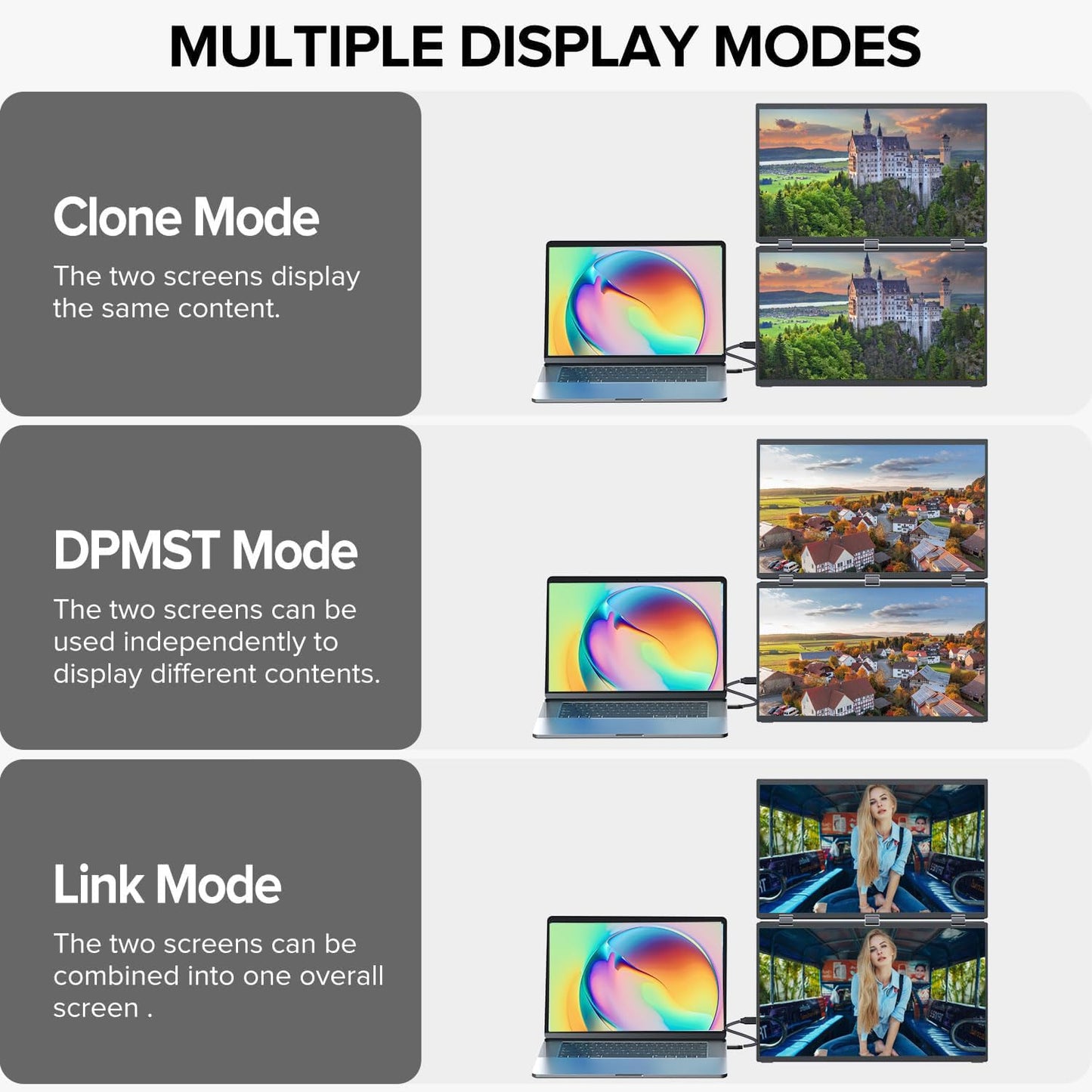 sibolan 18.5" Dual Screen Portable Monitor Set 100Hz, 100% sRGB, 1080P HDR - 330° Rotation, Folding Design, Versatile Solution for PC, Mobile Phone, Game Console, Including Stand, Plug and Play