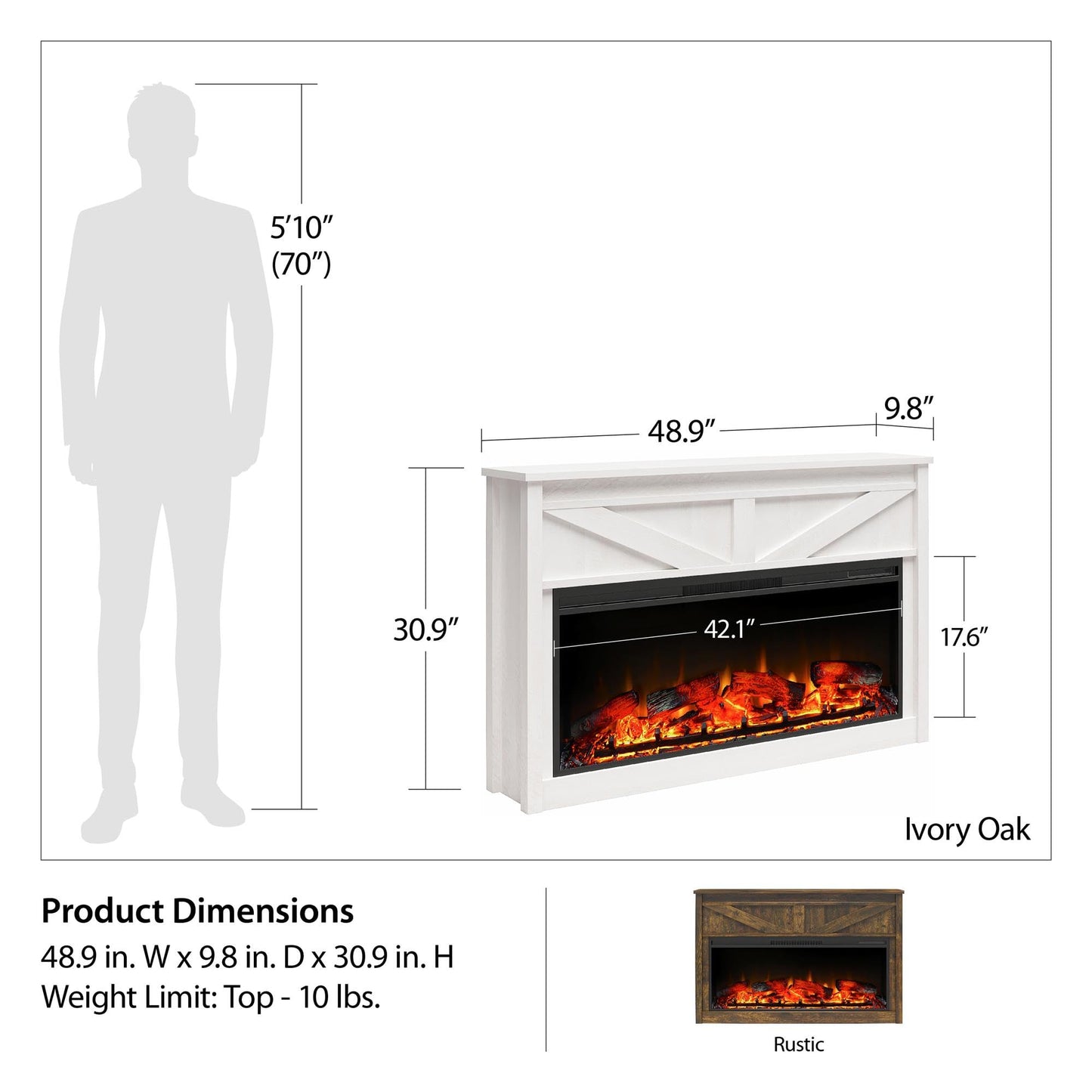 Ameriwood Home Farmington 49 Inch Electric Fireplace with Mantel, Replaceable Fireplace Insert Heater. Remote Control, Timer, Realistic Log and Flame Effect, Ivory Oak