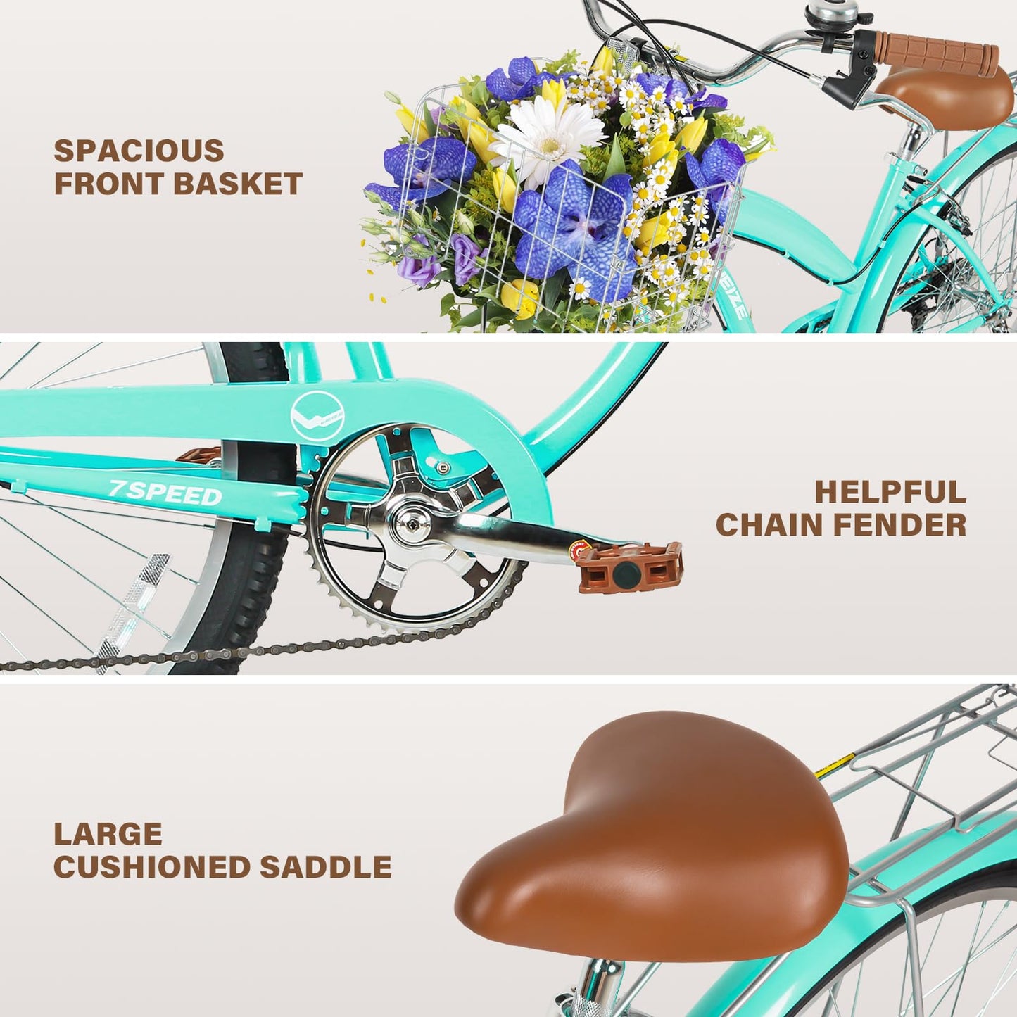 WEIZE Beach Cruiser Bike, 26 inch Commuter Bicycle for Adult Men and Women, 7-Speed/High-Carbon Steel/Front & Rear Fenders, Comfortable City Bikes with Rear Rack&Basket, Ergonomic Upright Design,Teal