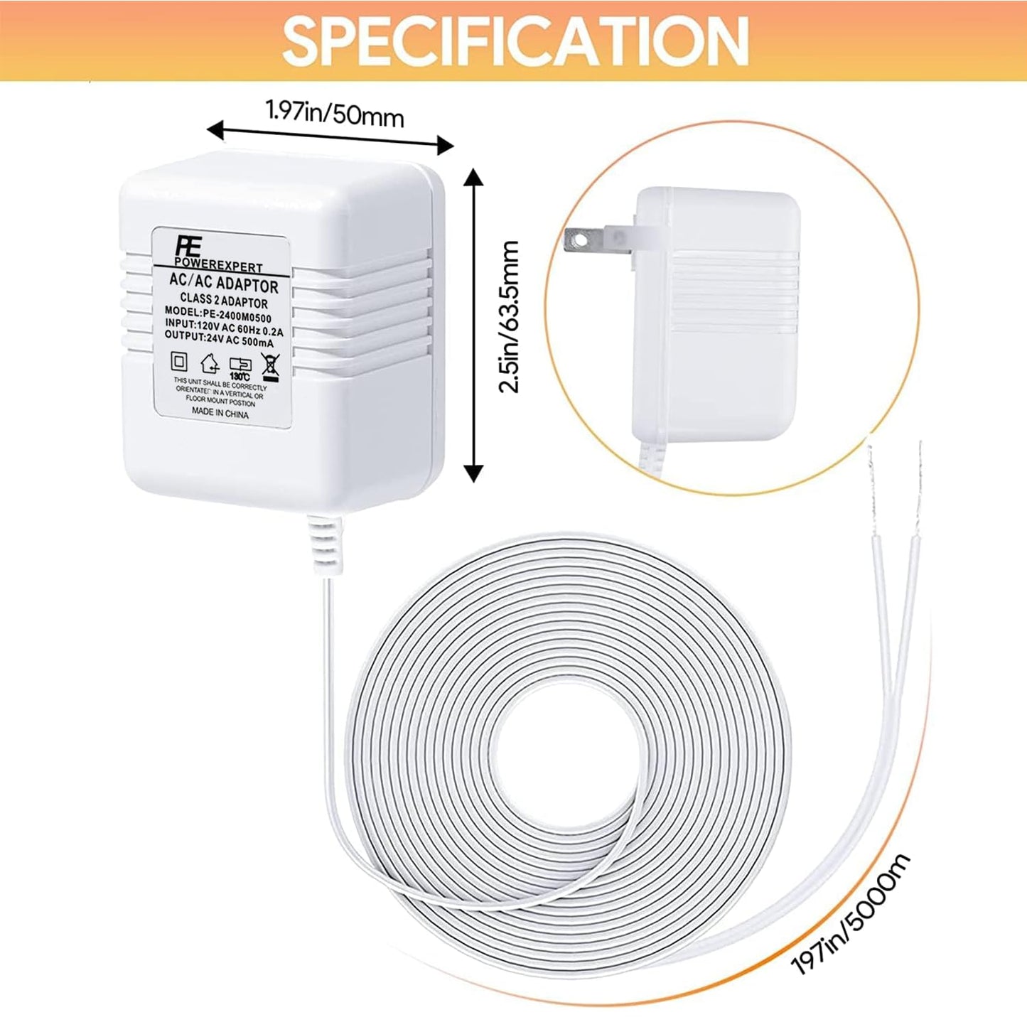 Doorbell Transformer 24V Adapter for Ring Video Doorbell, 16.4ft Long C Wire Power Supply, Compatible with Ring, Nest Hello, Wyze and Eufy Video Doorbells