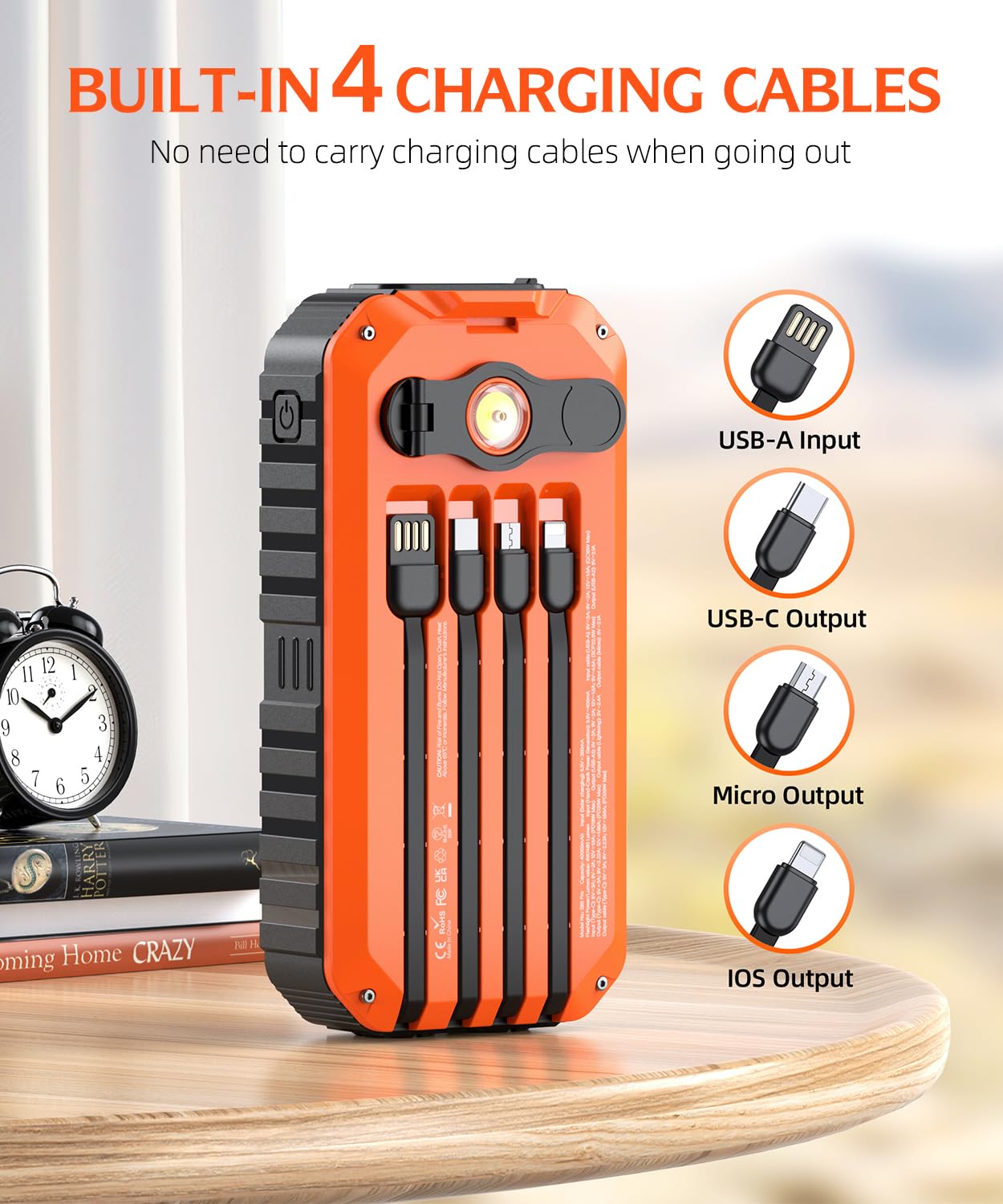 QiSa Solar Charger Power Bank 40000mAh Built in 4 Cables and Hand Crank, Portable Charger 22.5W Fast Charger 6 Outputs & 4 Inputs External Battery Pack with Bright Flashlight and Compass