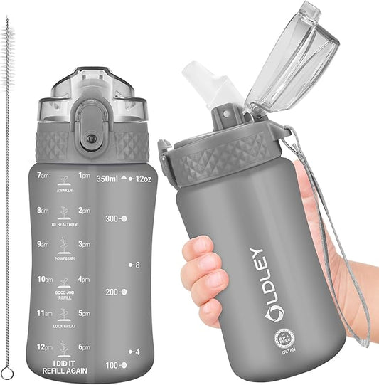 OLDLEY Kids Water Bottle for School, 12 oz (Straw Lid) BPA-Free Reusable Leak-proof Durable Tritan Plastic Water Bottles with One-handed Opening Straw Lids, Anti-dust Spout Cover (Grey)