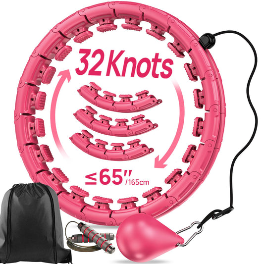 APzek 32 Knots Smart Weighted Exercise Hoop Plus Size, Adjustable Huula Hoop with Extra Links for Adults and Beginners, 2 in 1 Fitness Massage Non Fall Hooola Hoop with Spinning Ball - Pink