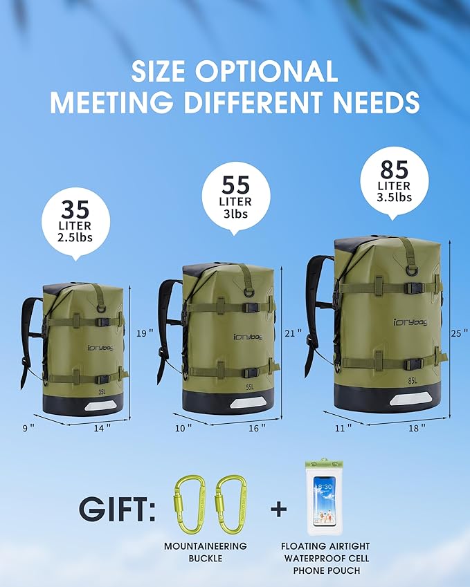IDRYBAG Waterproof Backpack for Travel, Kayaking, Boating, Swimming, Floating Paddle Boarding - Submersible Dry Bag 35L/55L/85L