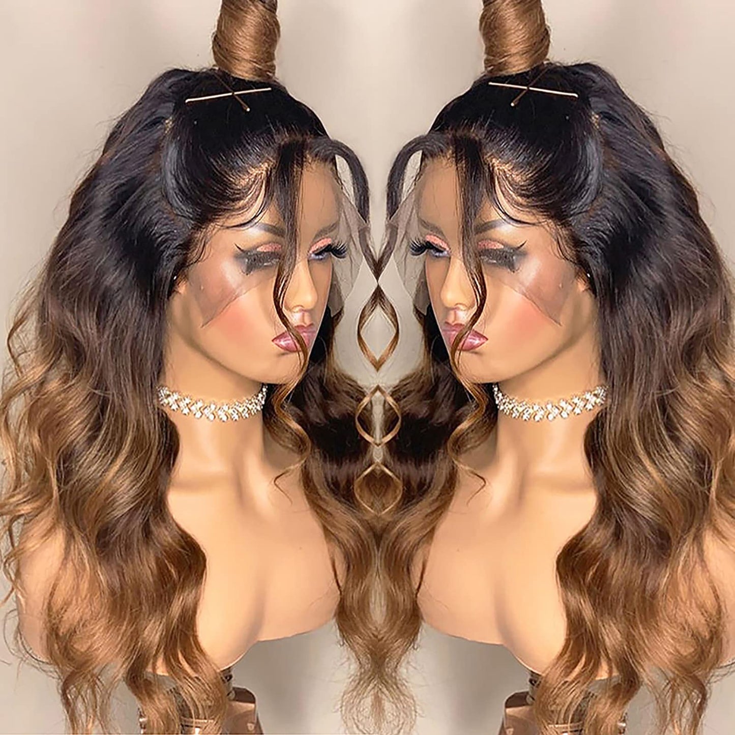 ANDRIA Ombre Reddish Brown Body Wave Wig, High Temperature Fiber, Female, 22-22.5 Inch