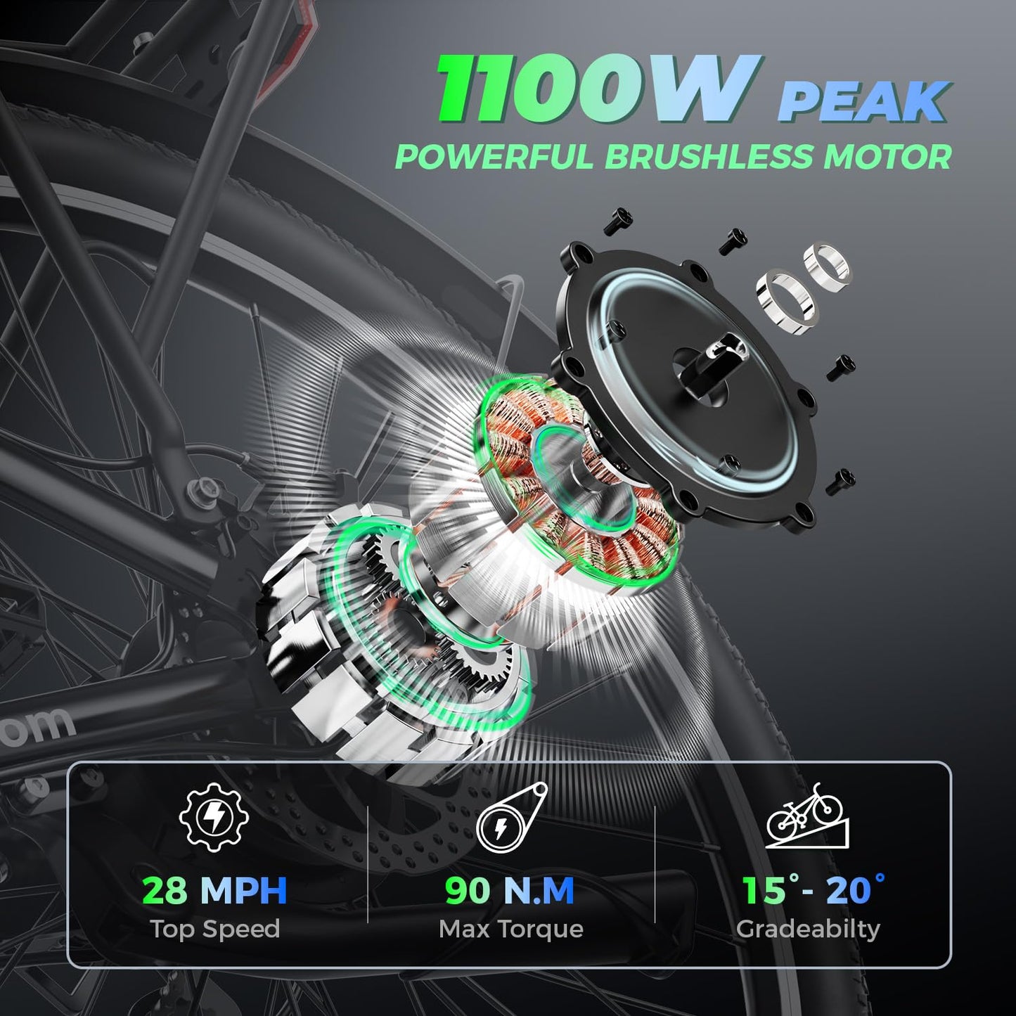 C1 Plus Electric Bike for Adults with 1100W Motor Peak, 48V 12.8Ah Battery, Max 62 Miles 28MPH, 26" Step-Thru Electric Commuter Bike with 7-Speed and Suspension System.