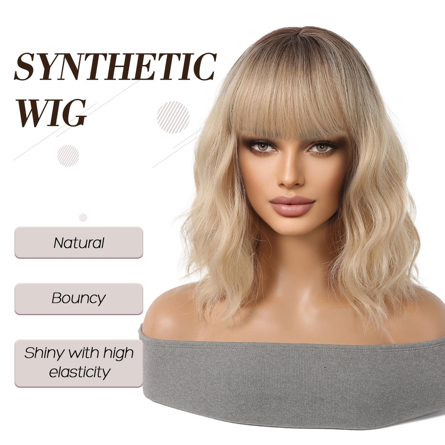 Allbell Blonde Wigs for Women,Short Wavy Bob Wig with Bangs,Synthetic Wigs,Ombre Blonde Wigs,Bob Wig with Dark roots,Heat Resistant Fiber Hair Wigs for Daily Cosplay