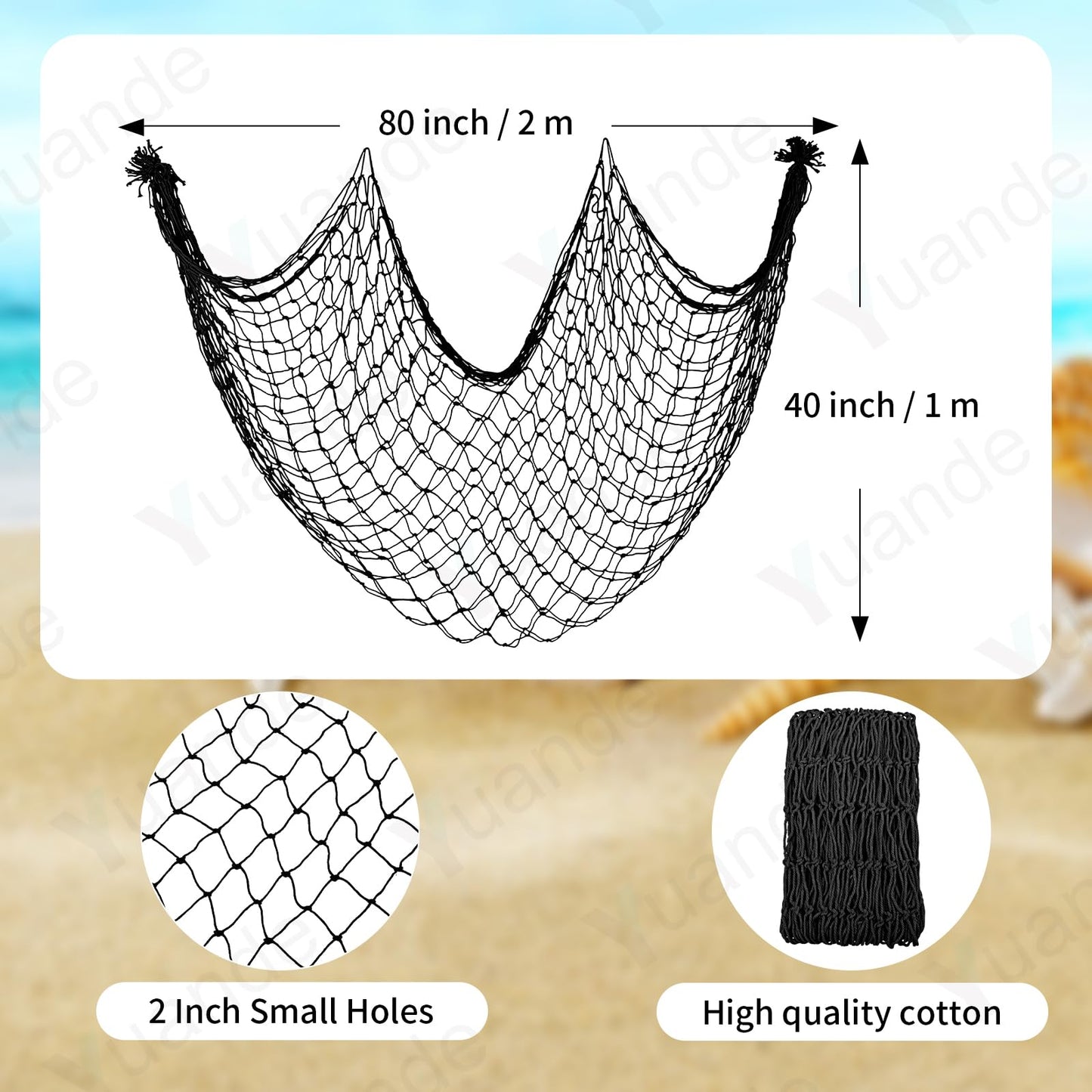 Decorative Fishing Net 80x40 Inch,YuanDe 2 Pack Large Black Picture Fish Net, Wall Photo Hanging Fishnet for Nautical Mermaid Pirate Ocean Themed Hawaii Beach Under The Sea Party Decorations