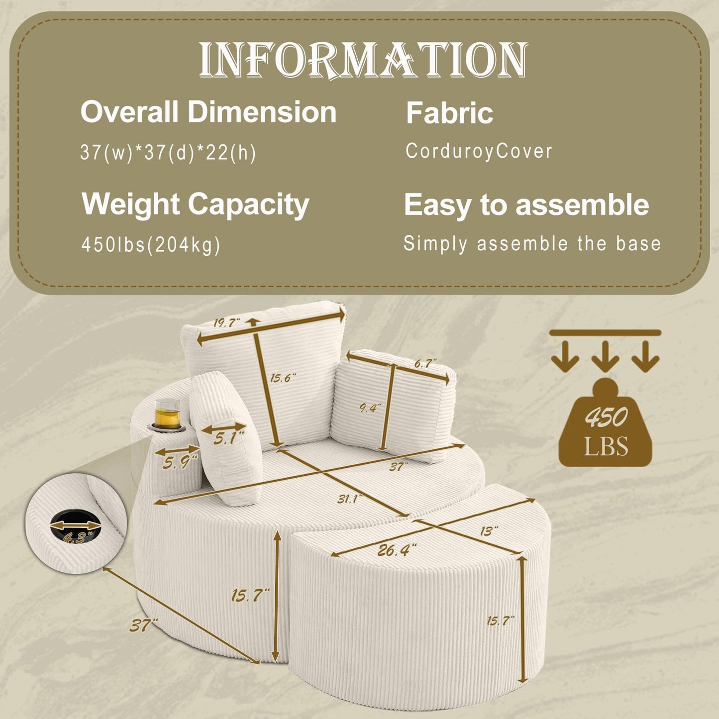 Estevo Accent Chair 37" W Recliner Comfy Upholstered Round Barrel Chair,with Ottoman,for Living Room Bedroom Office Apartmen