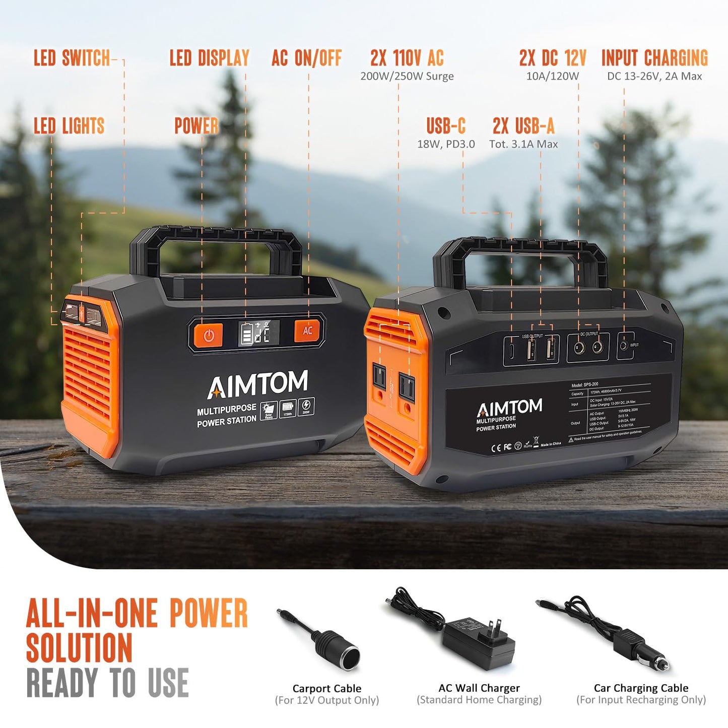 AIMTOM 200W Portable Power Station with 30W Solar Panel Bundle – 173Wh Lithium Battery, 250W Peak AC, USB-A, USB-C and 12V DC Outputs, High-Efficiency Solar Generator for Camping RV Emergency Backup