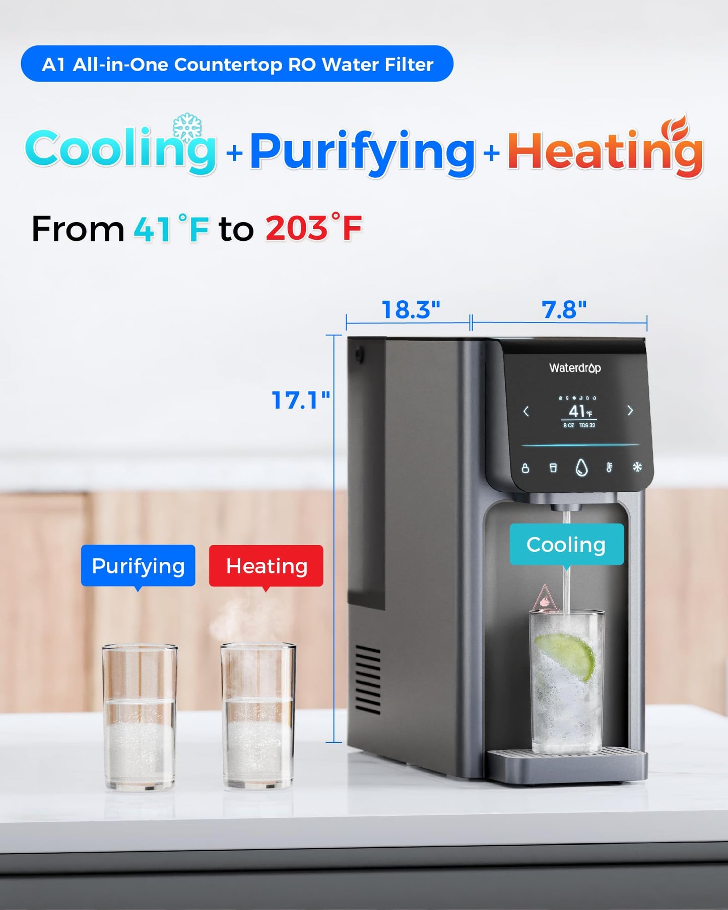 Waterdrop WD-A1 Countertop Reverse Osmosis System, Hot Cold & Room Water Dispenser, NSF/ANSI 58 Standard, 2:1 Pure to Drain, No Installation