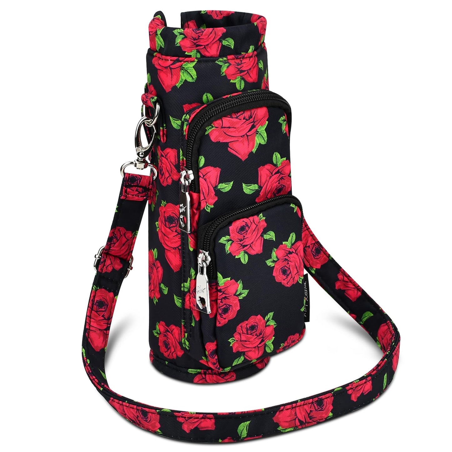 Betsey Johnson Insulated Water Bottle Pouch Holder Carrier Crossbag with Adjustable Shoulder Strap - Lightweight Polyester Accessories with Pockets Good for Hiking Travelling Sports(Covered Roses)