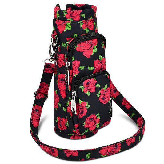 Betsey Johnson Insulated Water Bottle Pouch Holder Carrier Crossbag with Adjustable Shoulder Strap - Lightweight Polyester Accessories with Pockets Good for Hiking Travelling Sports(Covered Roses)