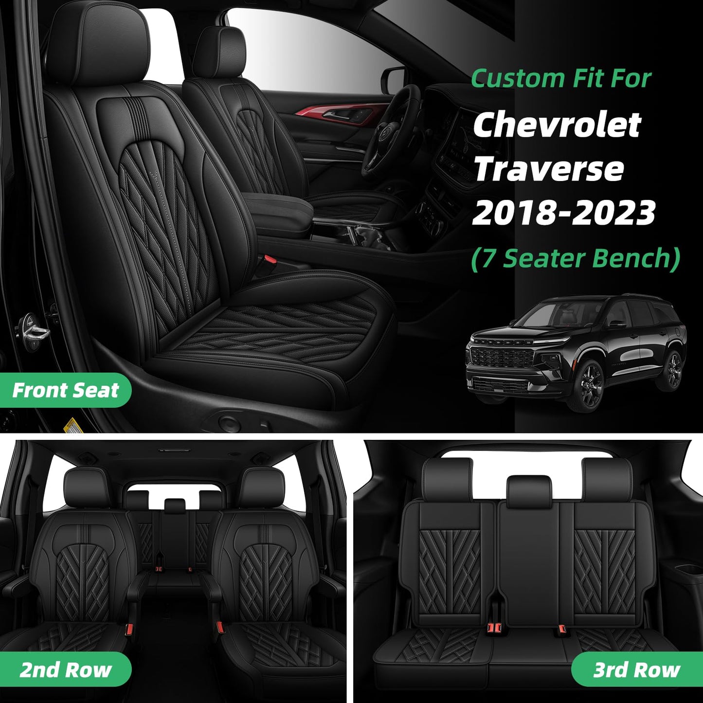 RAWAKORW 7 Passenger Seat Covers fit for Chevy Traverse 2018-2023: Leather Car Seat Cover Interior Accessories Customer Fit 7 Seater Protector (Black)