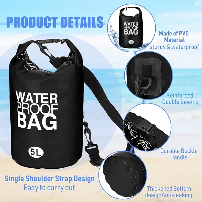 Jexine 10 Pack Dry Bag Waterproof, 5L Ultralight Dry Sacks Roll Top Storage Bag Backpack Camping Portable Outdoor Bags Keep Gear for Backpacking Kayaking Hiking Swimming Fishing Boating(Black)