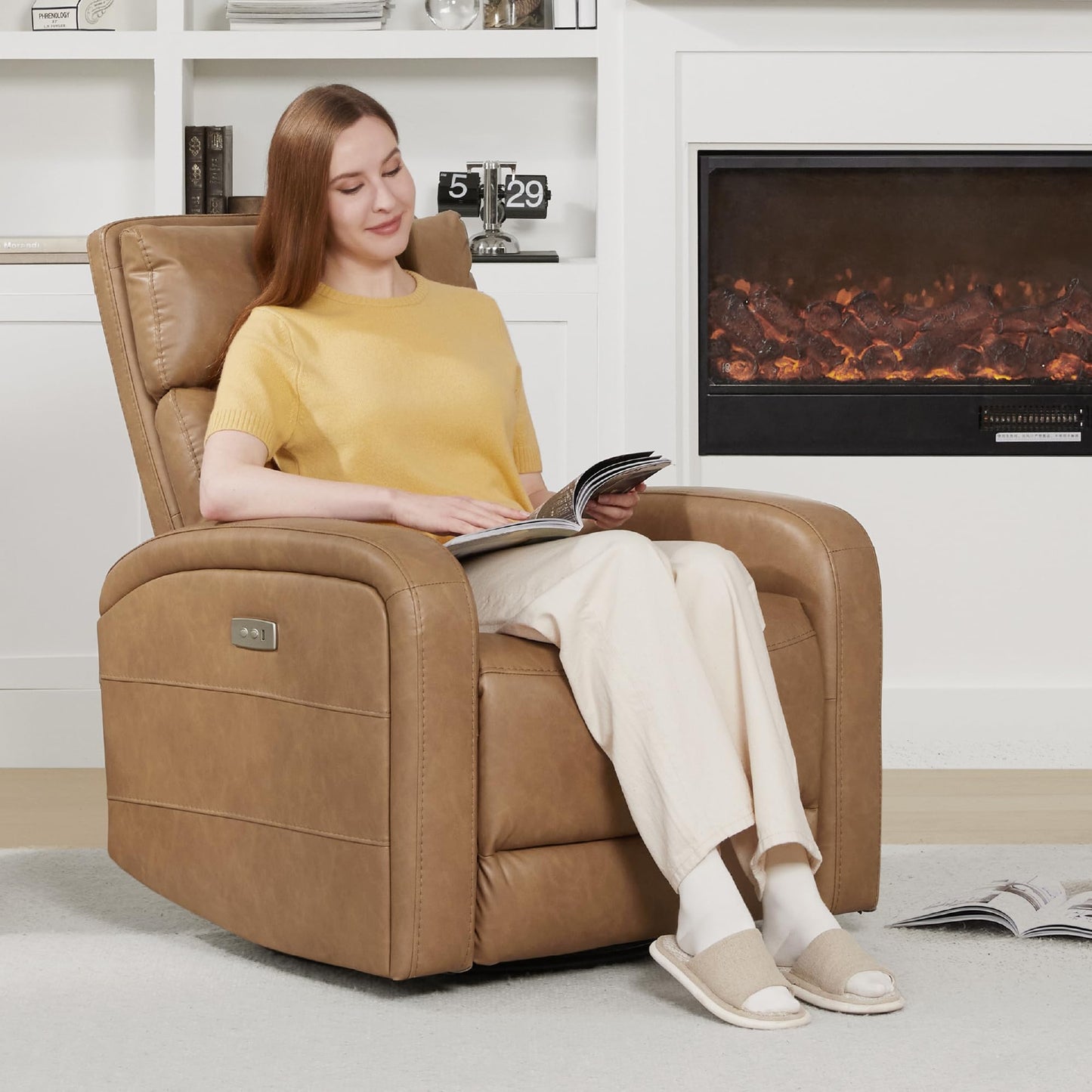 Watson & Whitely Swivel Power Recliner Glider Rocker, Small Recliner Chairs for Living Room, Faux Leather in Camel