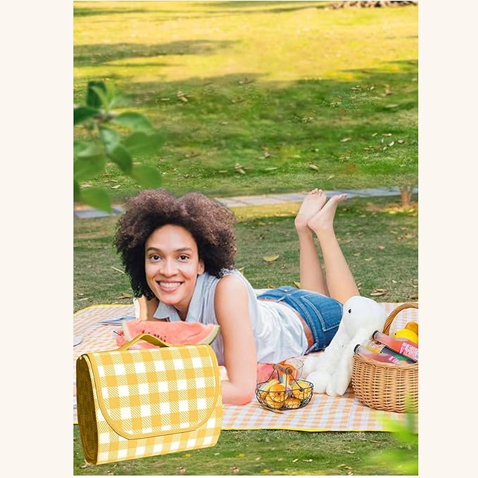 1 Foldable Picnic Blanket Large Size 80 ""x 80"" Family Outdoor Camping Dinner for 8 People can sit 40 ""x 60"" Couples Exclusive mat, (80 ""×80 ""), Yellow