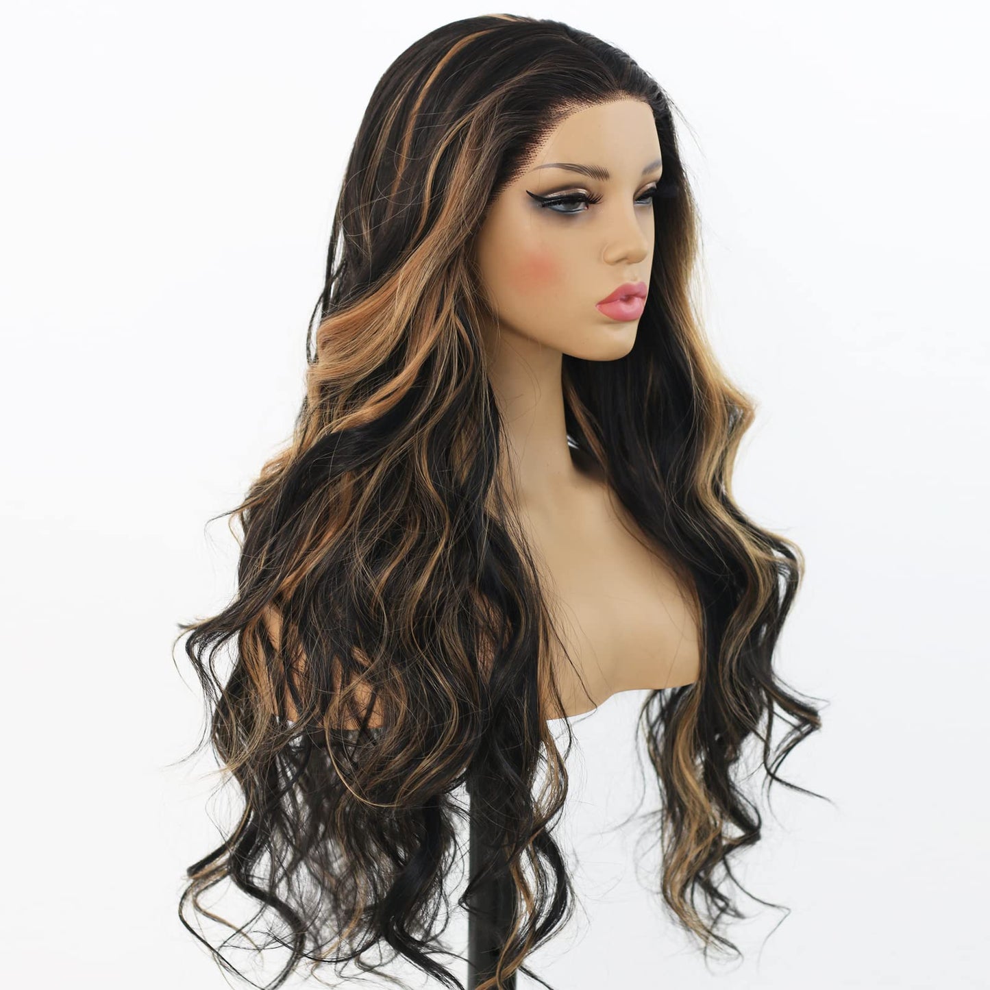 ANDRIA Highlight Brown Lace Front Wig Loose Wave with Baby Hair Dark Roots Ombre Brown Glueless Black and Brown Long Body Wave Synthetic Heat Resistant Fiber Colorful Wigs for Black Women