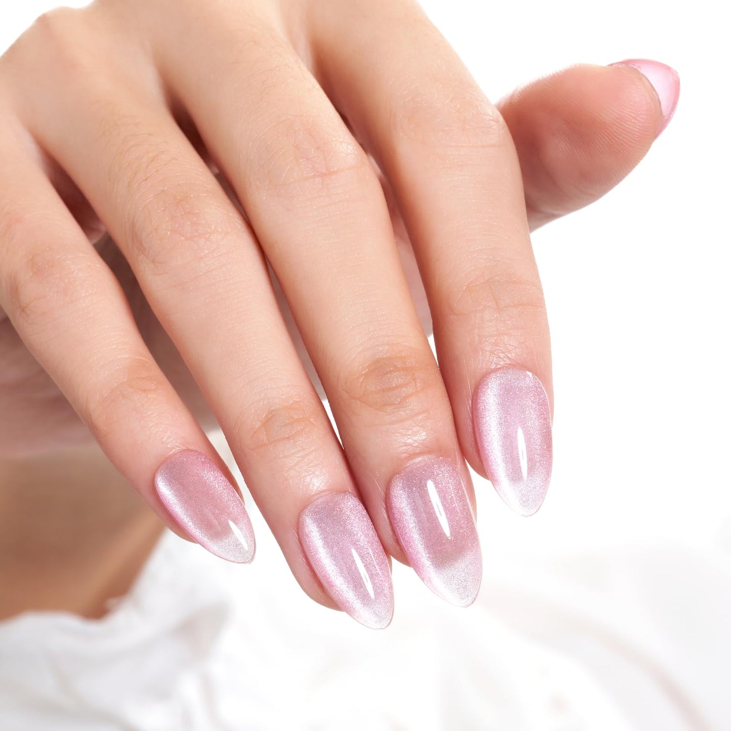 GLAMERMAID Pink Press on Nails Short Almond, Handmade Magnet Cat Eyes Jelly Gel Fake Nail Kits, Ombre Glitter Magnetic Glue on Nail Stiletto, Mermaid Medium Oval Stick on False Nail Set for Women