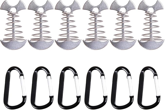 TRIWONDER 6pcs Deck Plank Board Tent Stakes Aluminum Spring Anchor Fishbone Guyline Cord Adjuster Tent Pegs with Carabiners for Outdoor Camping Hiking
