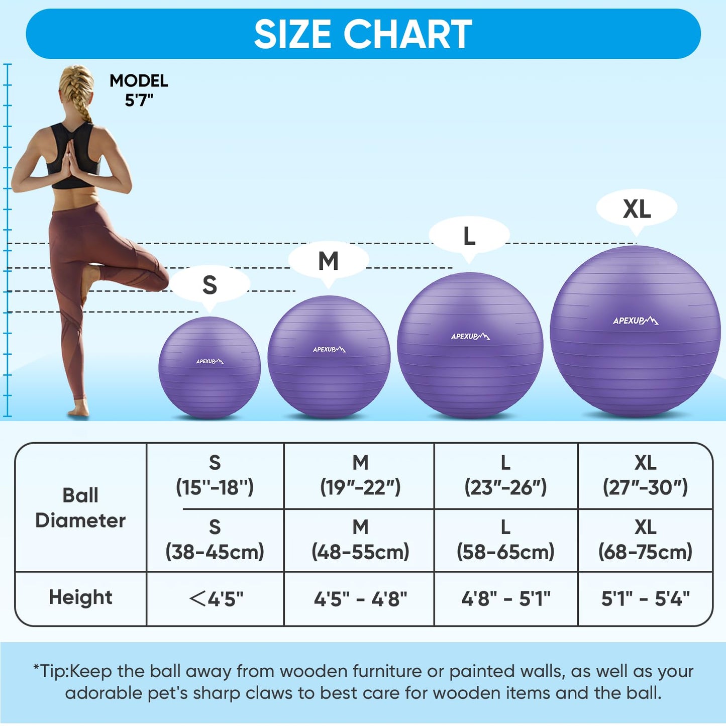 APEXUP Yoga Ball Exercise Ball, Anti Slip Stability Ball Chair, Heavy Duty Large Gym Ball for Fitness, Balance, Core Workout and Physical Therapy (S (15"~18") 45cm, Purple)