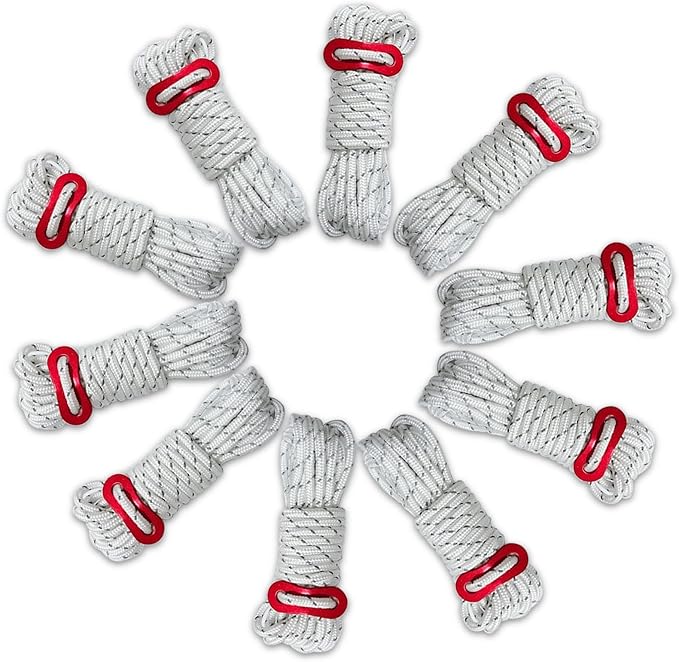 10 Pack 4mm Outdoor Guy Lines Tent Cords Reflective Canopy Wind Rope Lightweight Camping Rope with Aluminum Guylines Adjuster for Tent Tarp, Canopy Shelter, Camping, Hiking, Backpacking White
