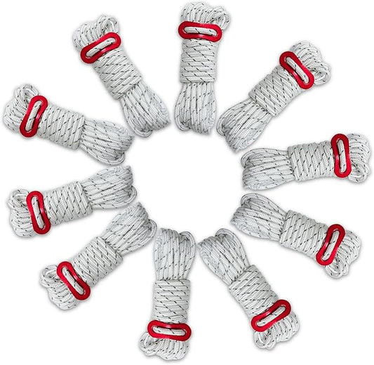 10 Pack 4mm Outdoor Guy Lines Tent Cords Reflective Canopy Wind Rope Lightweight Camping Rope with Aluminum Guylines Adjuster for Tent Tarp, Canopy Shelter, Camping, Hiking, Backpacking White