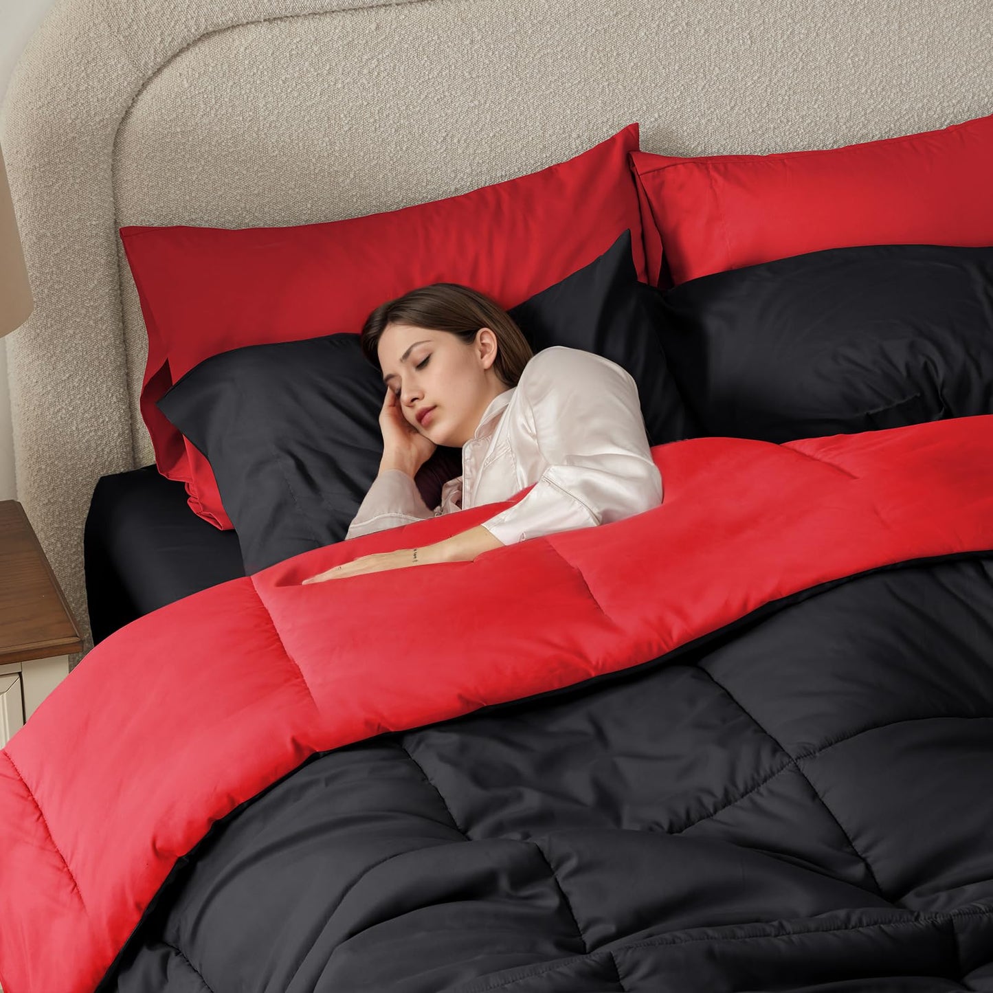 Anluoer Queen Comforter Set 7 Piece, Reversible Bed in a Bag Queen Size, Lightweight Bedding Set with 1 Comforter(88"*88"), 2 Pillow Shams, 2 Pillowcases, 1 Flat Sheet, 1 Fitted Sheet, Red & Black
