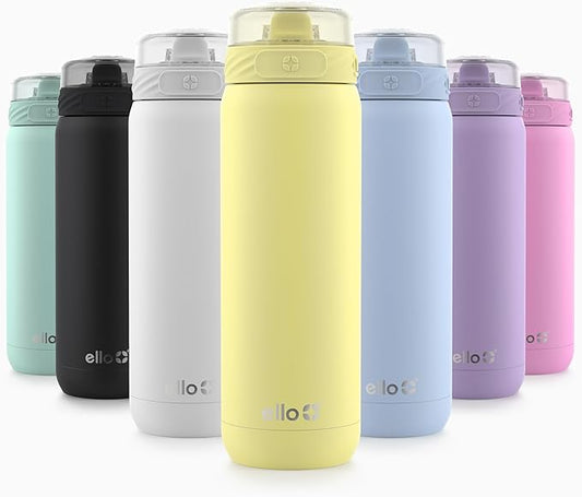 Ello Cooper 32oz Stainless Steel Water Bottle with Straw and Carry Handle, Double Walled and Vacuum Insulated Metal, Leak Proof Locking Lid with Soft Silicone Spout, Reusable, BPA Free, Lemonade