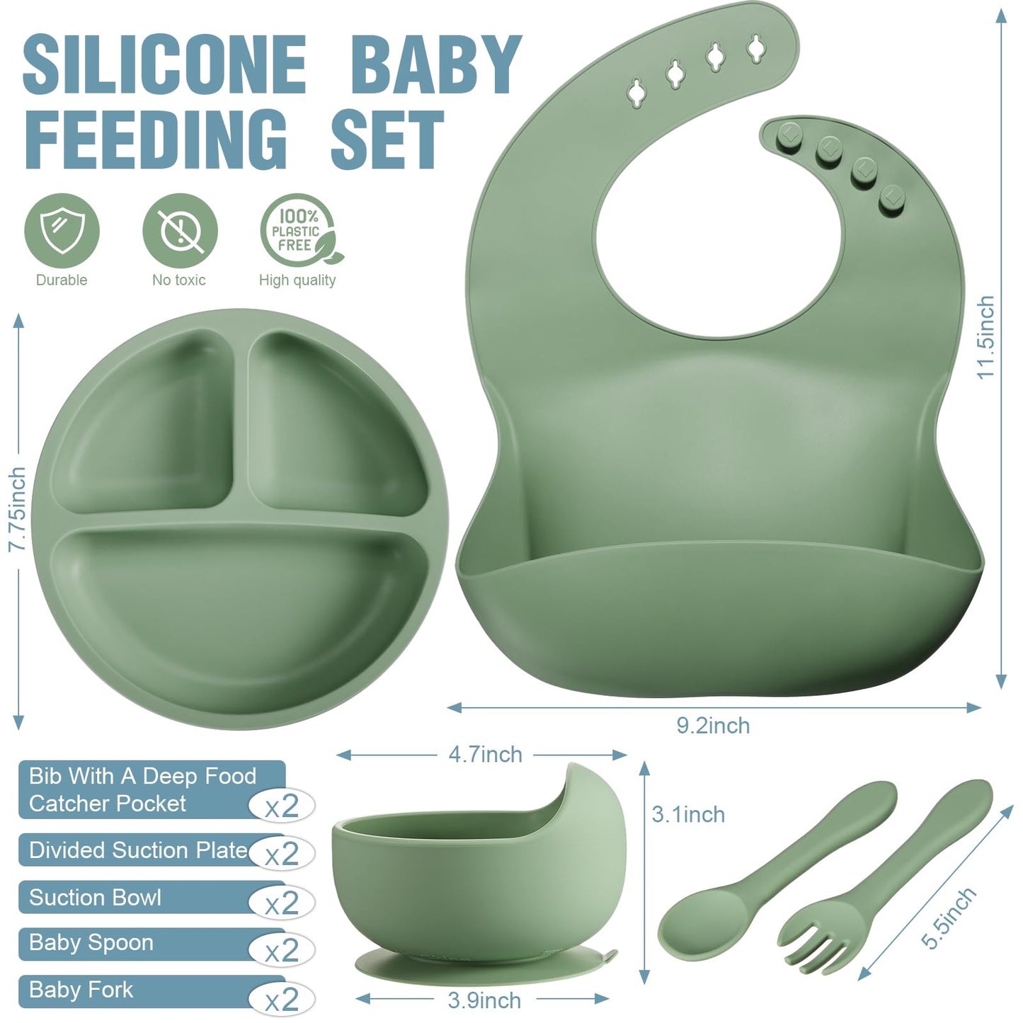 10 Pack Silicone Baby Feeding Set, Toddlers Led Weaning Feeding Supplies with Suction Baby Bowl Divided Plate Adjustable Bib Soft Silicone Spoon Fork, Infant Self Eating Utensil Set (Blue, Green)