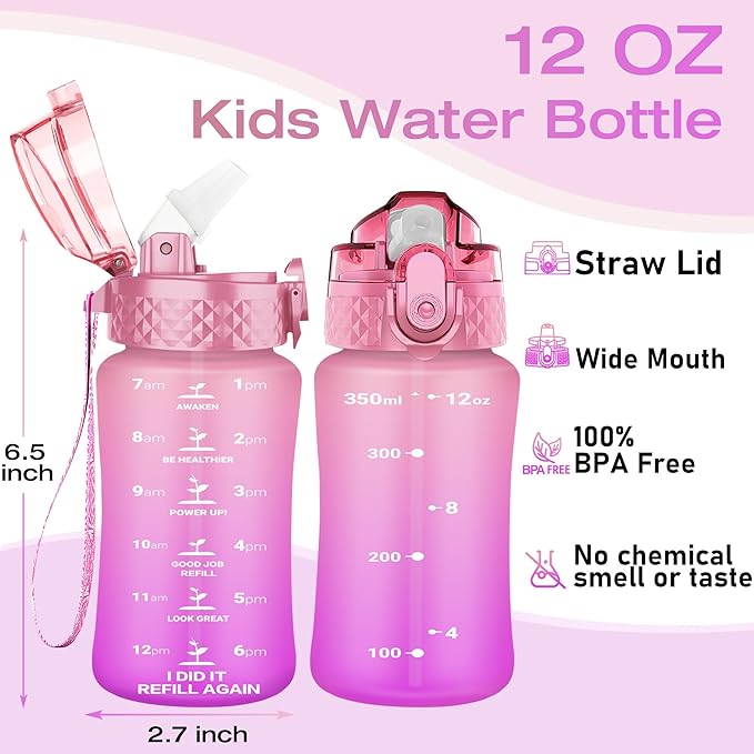 OLDLEY Kids Water Bottle for School, 12 oz (Straw Lid) BPA-Free Reusable Leak-proof Durable Tritan Plastic Water Bottles with One-handed Opening Straw Lids, Anti-dust Spout Cover (Sweet Pink)