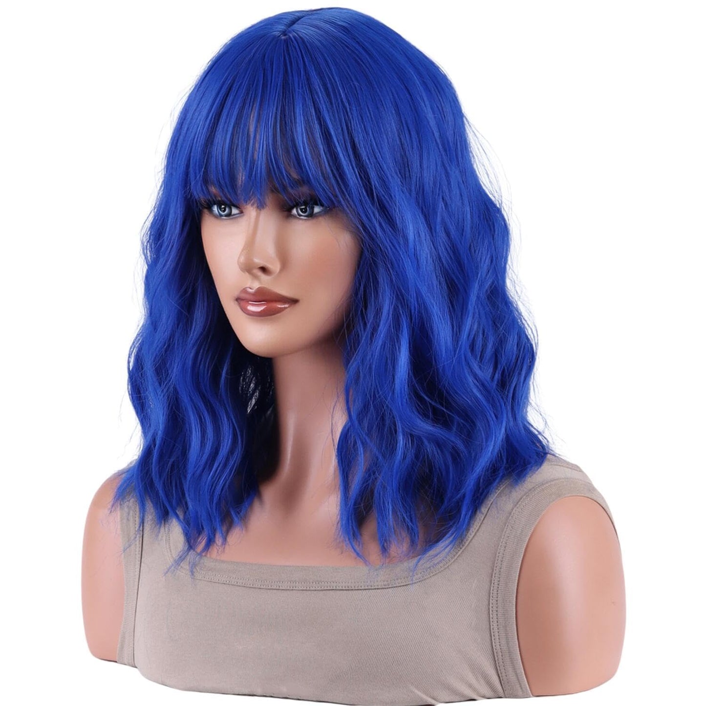 AneShe Dark Blue Wig Short Colored Wavy Bob Wigs with Bangs Curly Synthetic Colorful Wigs Blue Costume Wigs for Party Cosplay (14" Dark Blue)