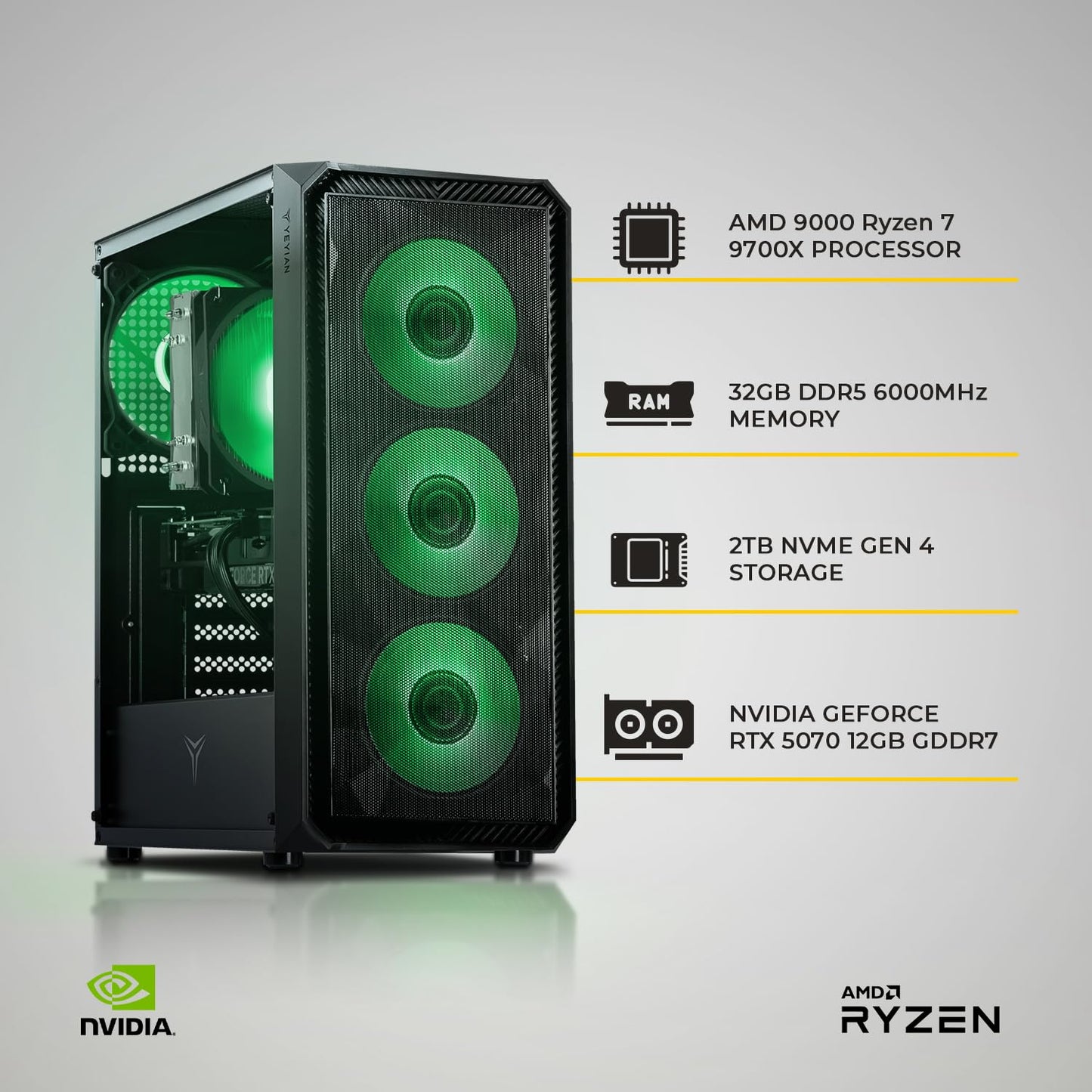 YEYIAN Tanto AI Gaming Desktop - AMD Ryzen 7 9700X 5.5 GHz | RTX 5070 12GB GDDR7 | 32GB DDR5 RGB 6000MHz | 2TB Gen4 NVMe SSD | B650 Wi-Fi | 750W 80+ Gold | Win 11 Home Pre Built Tower PC
