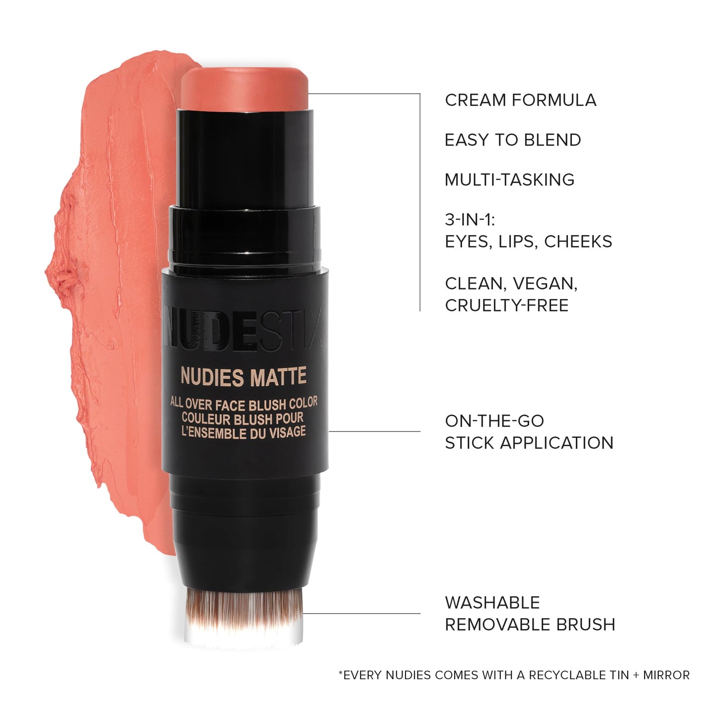 Nudestix Nudies Matte Cream Blush Stick 3-in-1 All Over Face Color - Blush Stick for Cheeks Eyes and Lips - Cream Blush for Cheeks w/Blending Brush (Nude Peach)