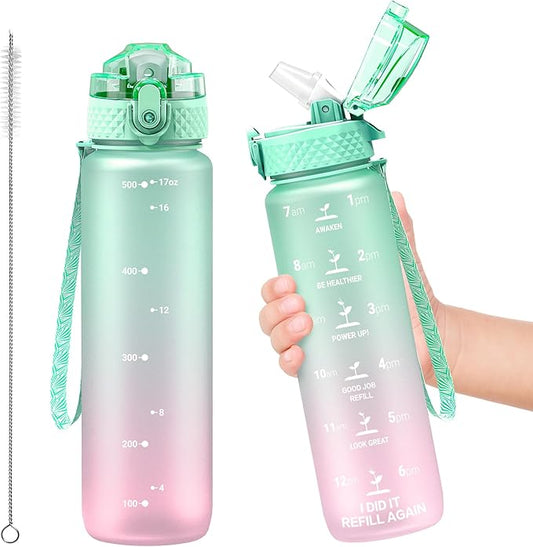OLDLEY Kids Water Bottle for School, 17 oz (Straw Lid) BPA-Free Reusable Leak-proof Durable Tritan Plastic Water Bottles with One-handed Opening Straw Lids, Anti-dust Spout Cover (Mintpink)