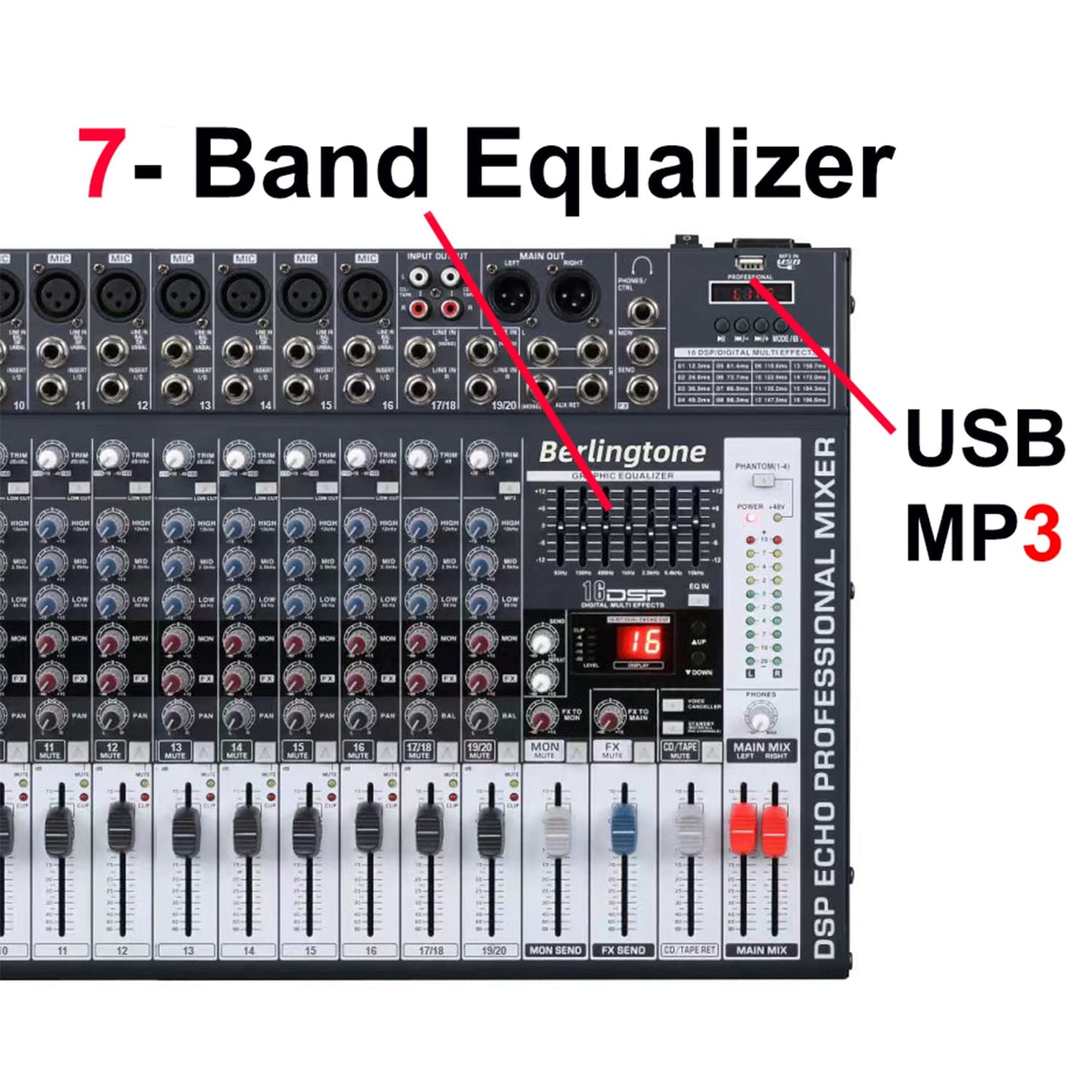 -Berlingtone,16 Channel Professional Bluetooth Studio Audio Mixer - DJ Sound Controller, USB MP3 Player, 14 Microphone Jack, 7 Band EQ, 16 BIT Digital FX, 48V Phantom Power, Unpowered (BR-166MX)