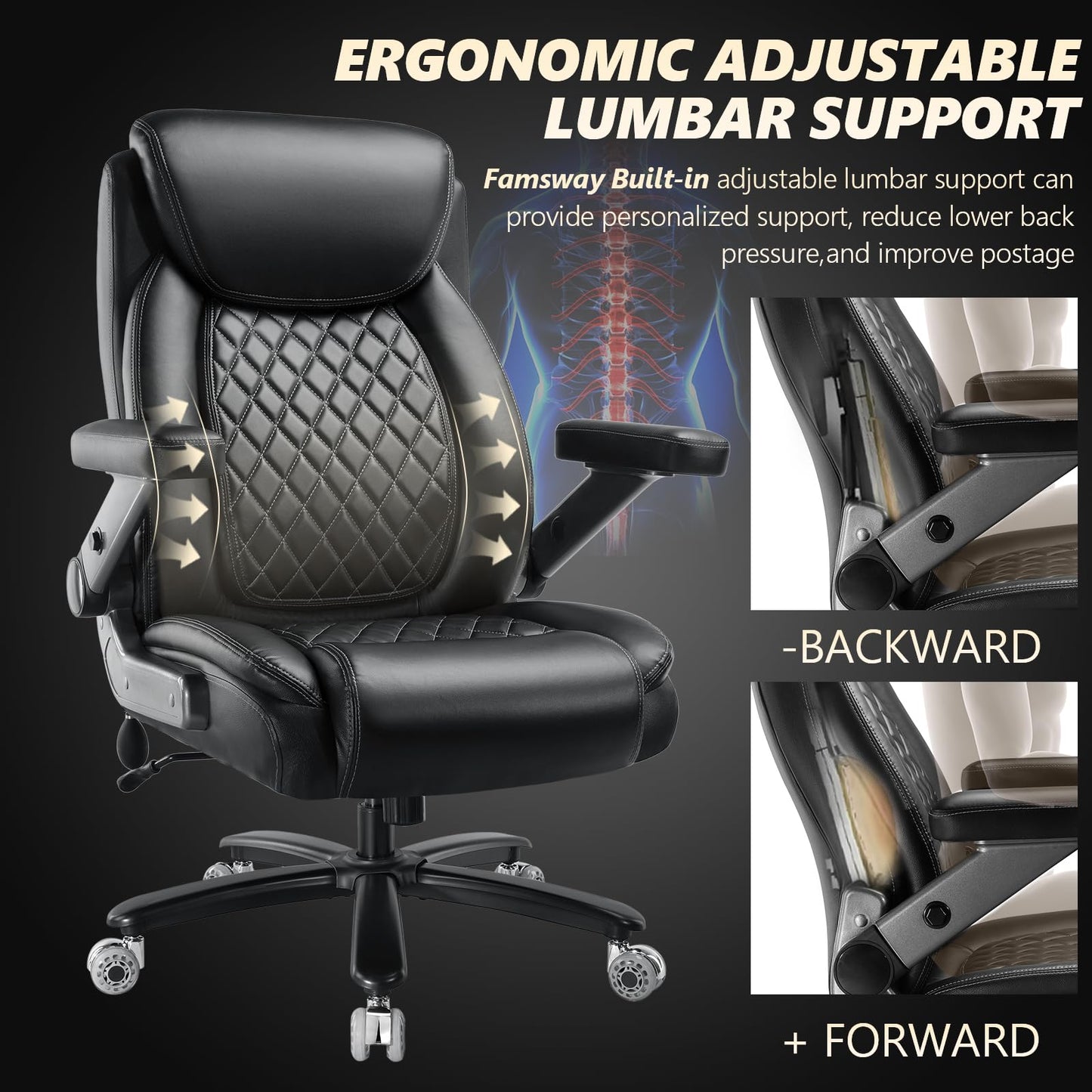 600LBS Large Heavy Duty Office Chair with 5D Flip Arms, Big and Tall Office Chair with Pocket Spring Cushion, High Back Computer Execuitve Desk Chair with Adjustable Lumbar Support,Dual Rubber Wheel
