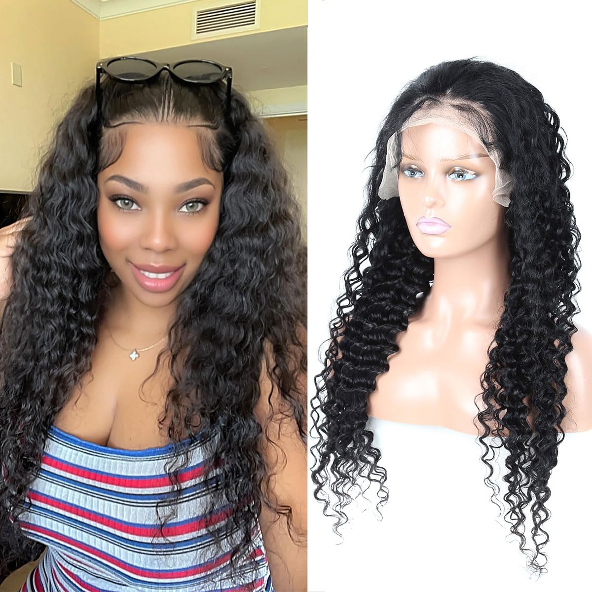 BAFUWIG Curly Human Hair Wig Deep Wave Lace Front Wigs Human Hair Wig 13x6 180% Density 20 Inch HD Lace Front Wigs Pre Plucked with Baby Hair Natural Black Wig For Women