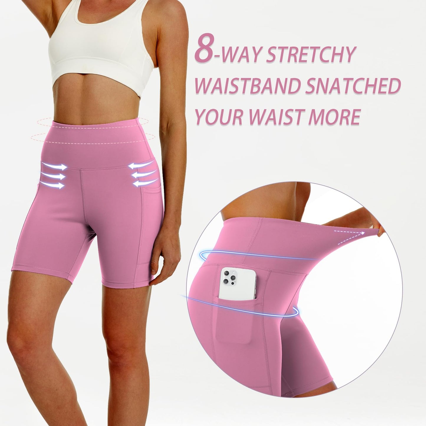 YOYOYOGA Biker Shorts Women High Waist Yoga Shorts with Pocket Spandex Tummy Control Workout Shorts Stretch Gym Running Athletic Exercise Pink XL
