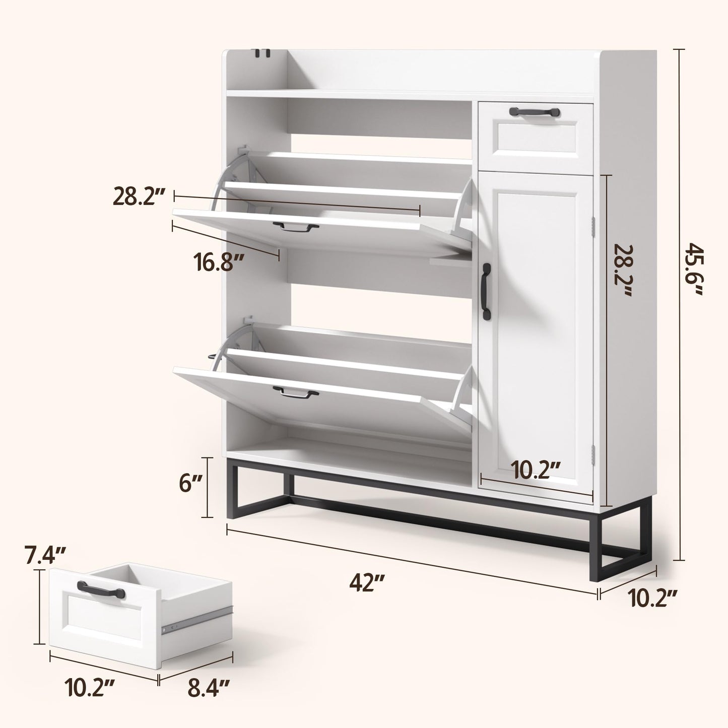 Ahomly 42" White Shoe Cabinet - 2 Flip Drawers (Adjustable), Side Cabinet, Storage Drawer & Open Top - Side Hooks for Shoes & Accessories - Space-Saving Entryway/Hallway Organizer