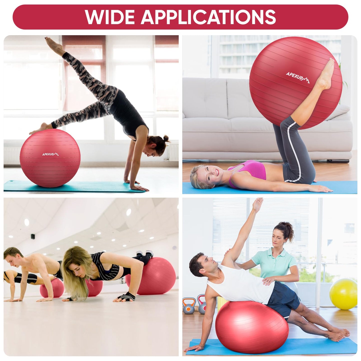 APEXUP Yoga Ball Exercise Ball, Anti Slip Stability Ball Chair, Heavy Duty Large Gym Ball for Fitness, Balance, Core Workout and Physical Therapy (S (15"~18") 45cm, Red)