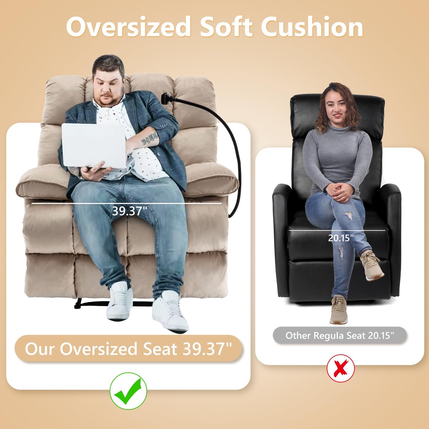 hzlagm Oversized Recliner Chairs for Adults 400LBS, Extra Wide Recliner, Manual Recliner Chair with Overstuffed Armrest and Backrest, Velvet Big and Tall Recliners for Living Room, Beige