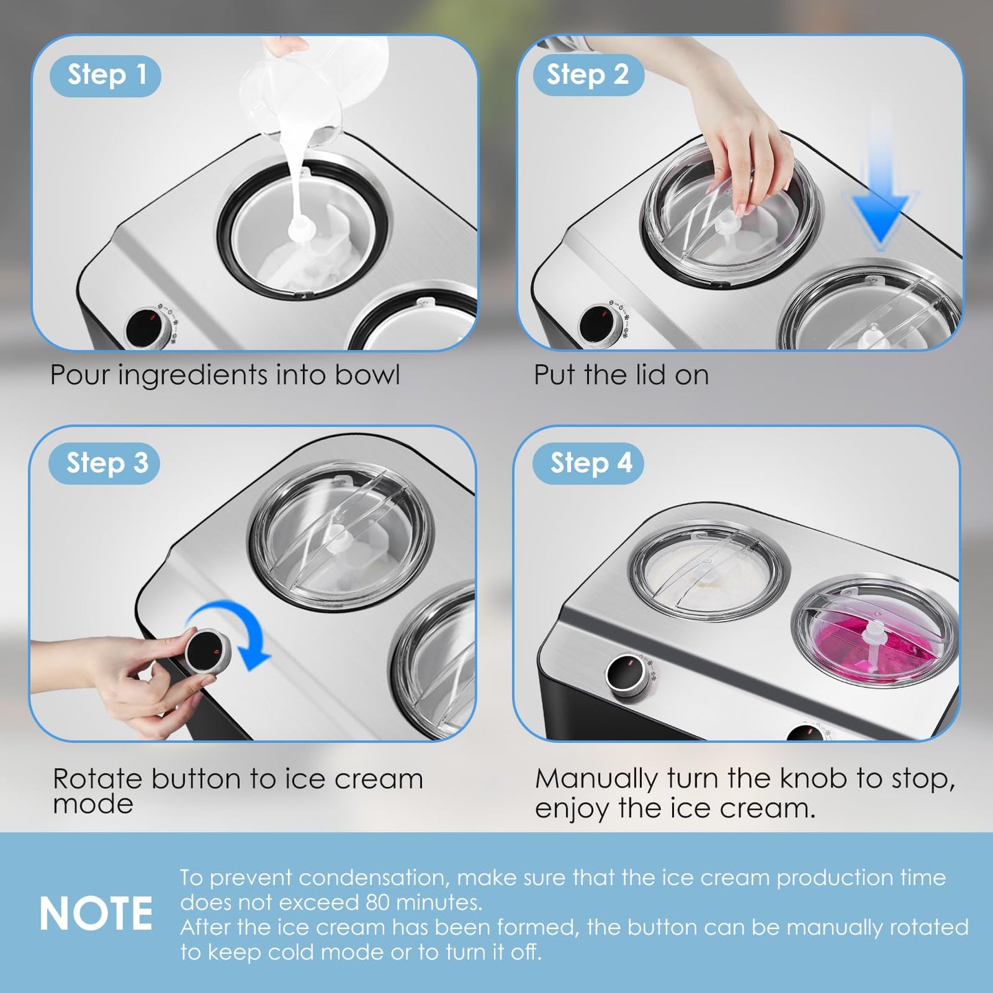 Homtone 2 Flavor Ice Cream Maker,Automatic Compressor Ice Cream Maker Machine with 2 Bowls,2.6QT (2 x 1.3qt) No Pre Freezing, Electric Gelato Maker & Sorbet Maker, 3 Modes, Keep Cool Function