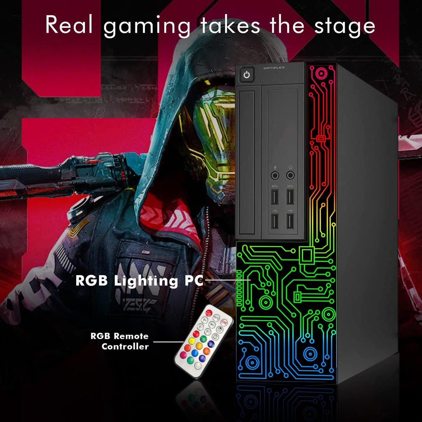 Dell Gaming OptiPlex Desktop RGB Computer PC, Intel Core i5, AMD RX 550 4GB GDDR5, 16GB RAM, 512GB SSD, 24 Inch HDMI Monitor, RGB Keyboard Mouse and Headset, WiFi, Windows 10 Pro (Renewed)