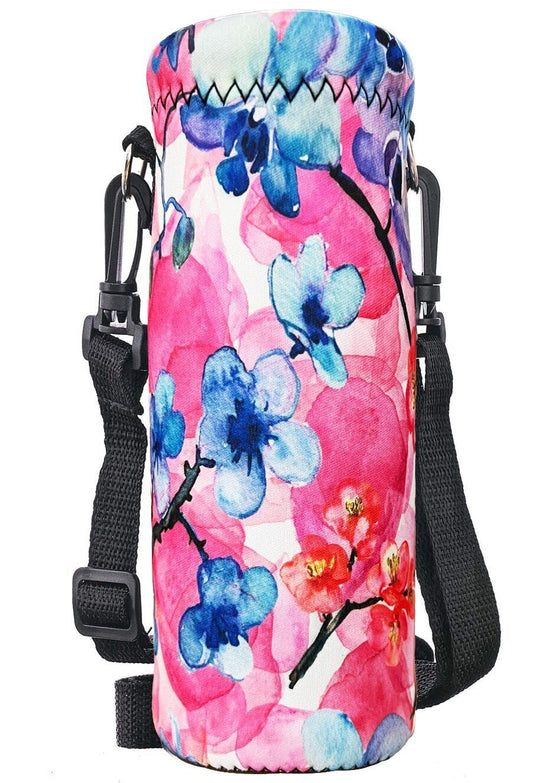 RICHEN Neoprene Water Bottle Carrier Bag with Adjustable Shoulder Strap,Insulated Water Bottle Cover for 500ml/16oz Stainless Steel/Glass/Plastic Bottles (Watercolor Flowers,500ML)
