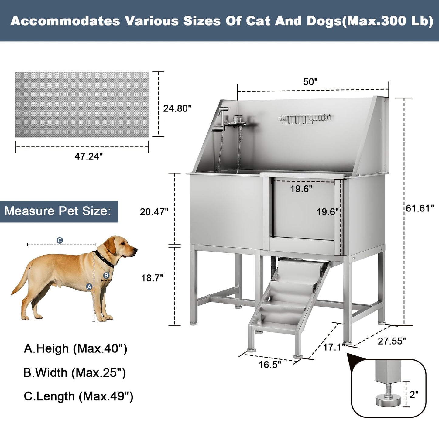COOLYI 50'' Stainless Steel Dog Washing Station for Large Dogs, Heavy Duty Dog Grooming Bathtub with Bath Brush & Washing Gloves, Pet Bathtub for Dogs with Retractable Ramp (50'' x 27.5'' x 61.6'')