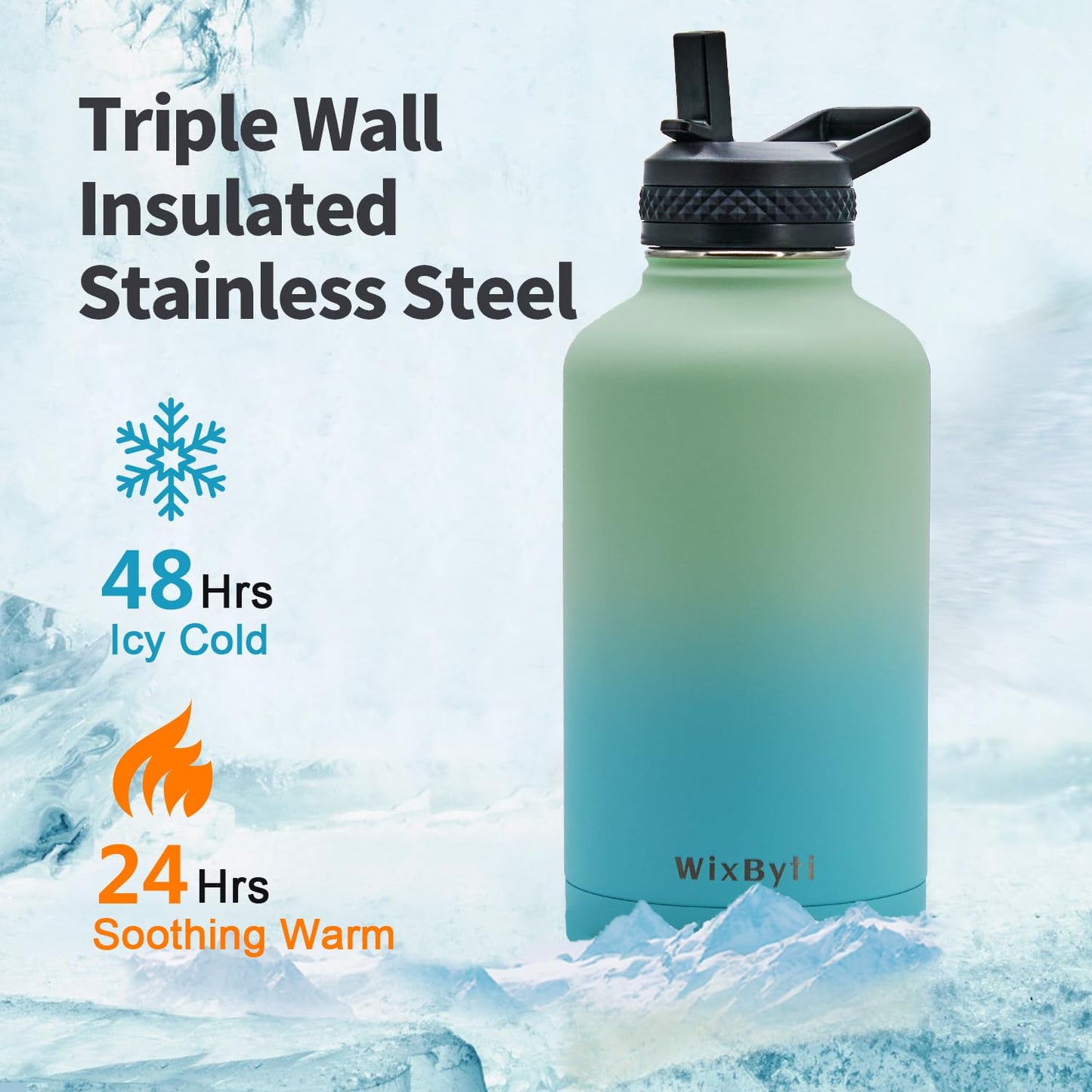 WixByti 64 oz Insulated Water Bottle with Straw (Cold for 48 Hrs), Half Gallon Stainless Steel Triple Wall Vacuum Sports Water Jug, Leakproof Hydro Cup Flask with Straw Spout Lids & DIY Stickers