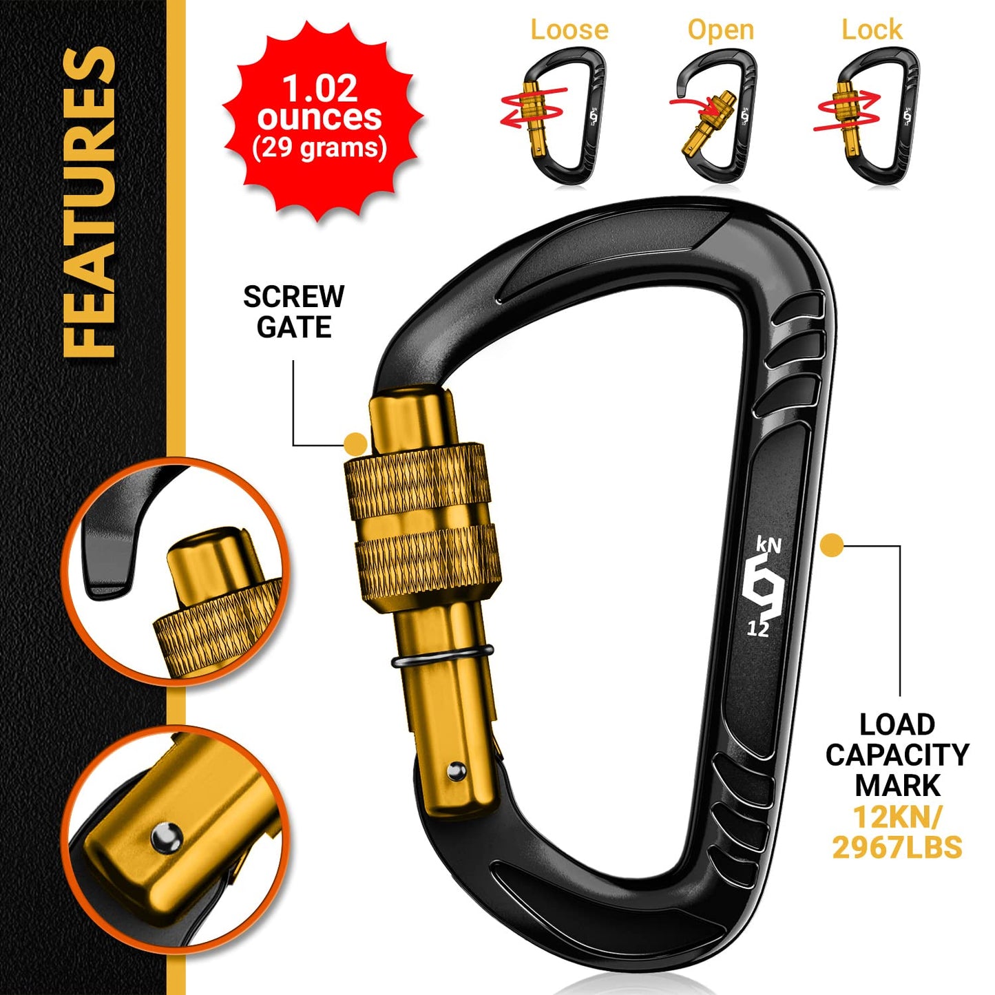 Rhino Produxs 2PCS of 12kN (2697 lbs) Heavy Duty Locking Carabiner Clips - Excellent for Securing Pets, Outdoor, Camping, Hiking, Hammock, Dog Leash Harness, Keychains, Water Bottle