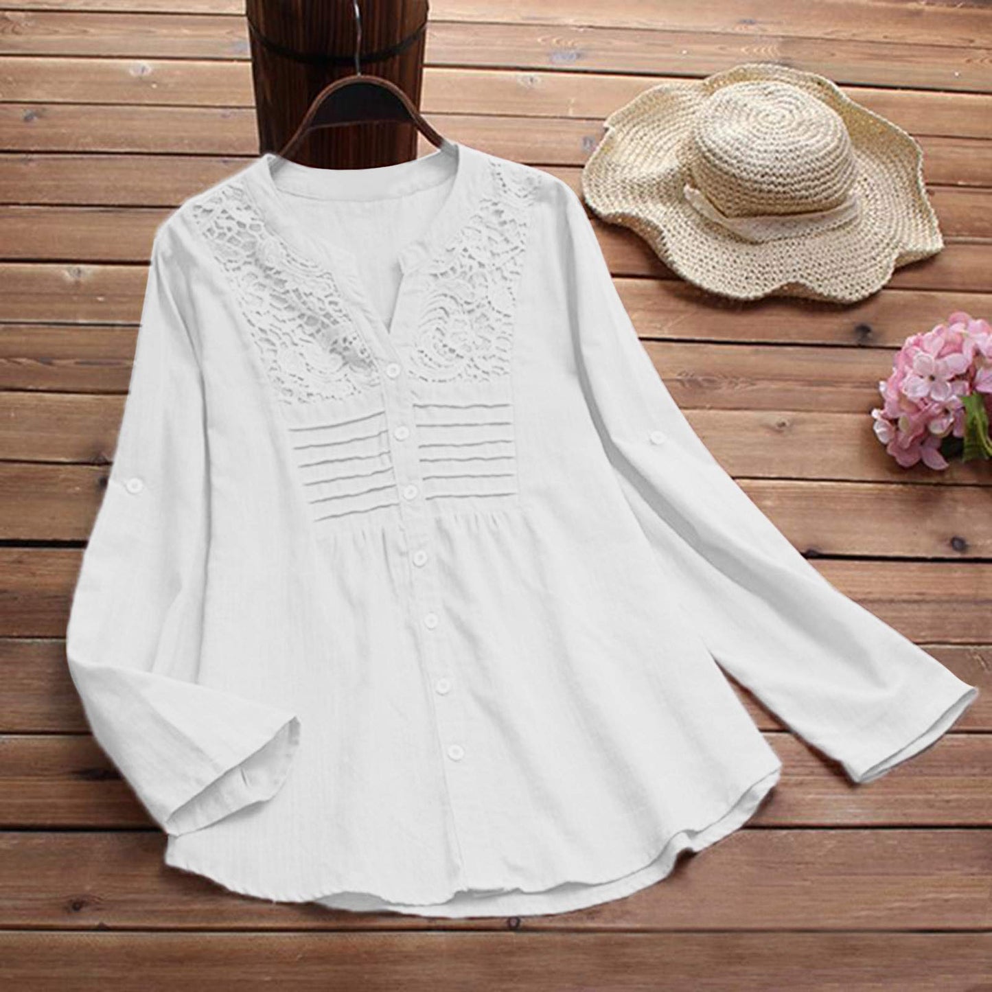 Aniywn Women Round Neck Lace Up Lace Patchwork Flare Pullover Top Casual Plus Size 3/4 Sleeve Floral Printed T-Shirt